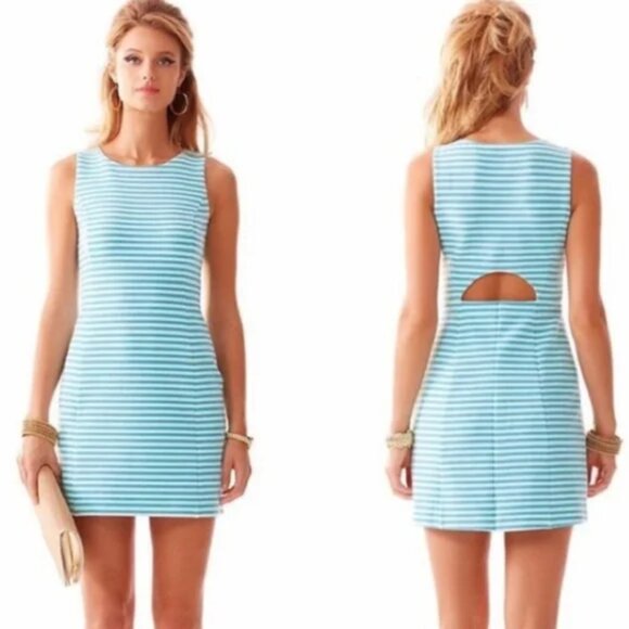 LIlly Pulitzer Whiting Stripe Cut Out Shift Dress In Shorely Blue & White M EUC - Picture 1 of 11